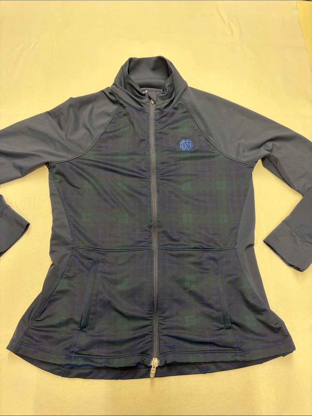 Peter Millar Navy Notre Dame Blue/Green Plaid Zip-Front Athletic Jacket size M